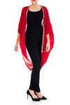 Model wearing red kimono with sparkling crystal petals facing front
